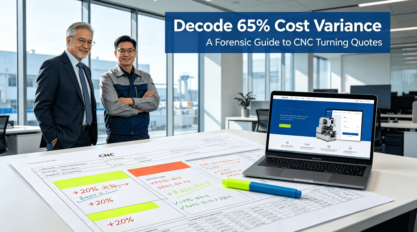 A procurement manager and a manufacturing engineer collaboratively analyze a highlighted CNC turning quote on a desk, with a cost analysis guide open on a laptop, in a modern office setting.