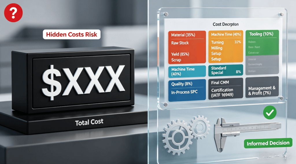 An infographic visually comparing a single-figure “black box” CNC turning quote (opaque, risky) with a fully itemized, transparent cost breakdown (informed, value-based) as detailed in the article’s H2-2 section.
