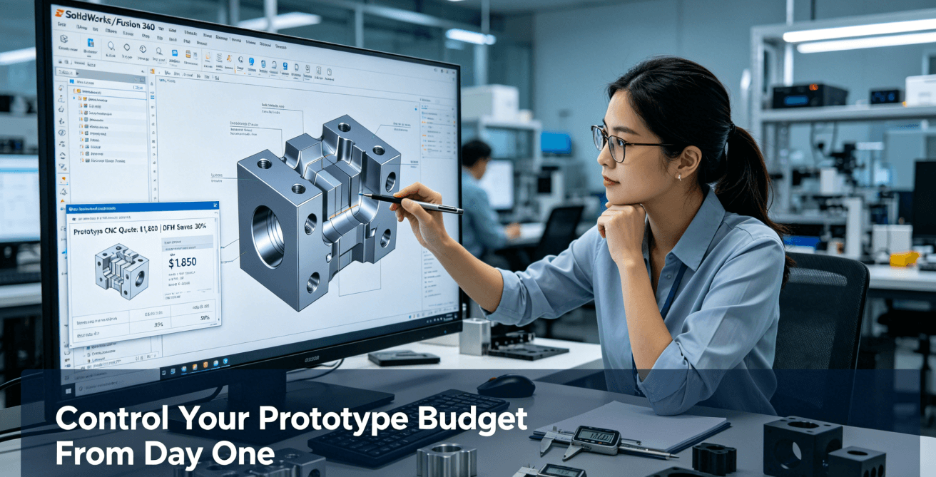 A hardware engineer reviews a CNC machined part design and cost analysis on a screen, highlighting DFM and budget control for prototyping.