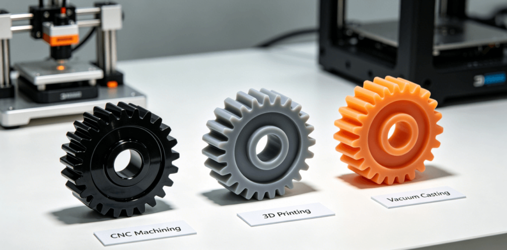 Side-by-side comparison of the same part made via CNC machining, 3D printing, and vacuum casting, showing differences in material and finish.